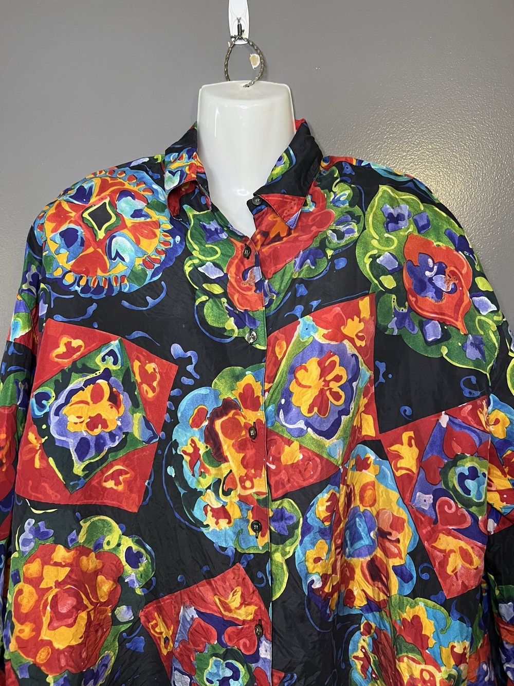 Vintage Express Silk Blouse Womens Medium Multicolor Floral Button Shirt 90s